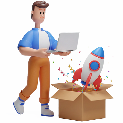 3D-Illustration eines Webseiten-Launchs: Ein Charakter mit Laptop steht neben einem Paket, aus dem eine Rakete mit Konfetti startet – Symbol für den erfolgreichen Livegang.