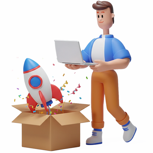 3D-Illustration eines Webseiten-Launchs: Ein Charakter mit Laptop steht neben einem Paket, aus dem eine Rakete mit Konfetti startet – Symbol für den erfolgreichen Livegang.