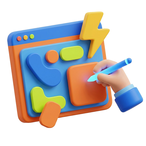 3D-Illustration einer Webseite, die live mit einem Stift bearbeitet wird. Ein gelber Blitz symbolisiert die hohe Geschwindigkeit und Performance von Framer-Webseiten.