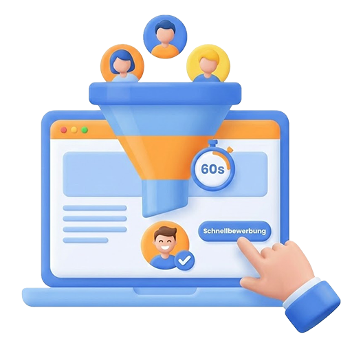 3D-Illustration eines Recruiting-Funnels auf einem Laptop-Bildschirm: Bewerber gehen oben in den Trichter, der passende Kandidat kommt unten heraus. Eine Hand klickt auf den Button