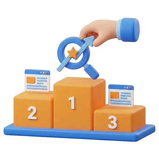 3D-Illustration eines Siegerpodests mit den Plätzen 1, 2 und 3. Eine Hand platziert eine Lupe mit einem Stern auf dem 1. Platz – Symbol für erfolgreiche SEO Optimierung.