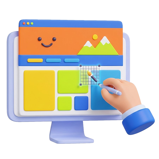 3D-Illustration eines Computers, auf dem eine Webseite gestaltet wird. Eine Hand nutzt einen digitalen Stift, um das Layout anzupassen – Symbol für individuelles Webdesign.