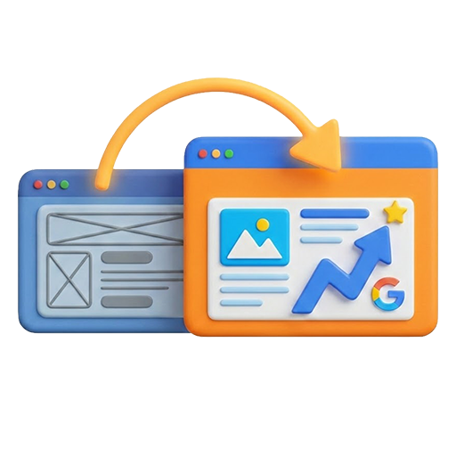 3D-Illustration eines Webseiten-Relaunchs: Ein Pfeil zeigt von einer blauen Wireframe-Skizze zu einer neuen, orangen Webseite mit Google-Logo und steigendem Erfolgskurs.