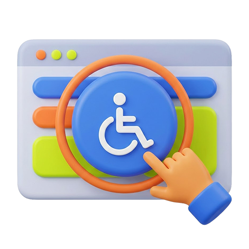 3D-Illustration einer Webseite mit einem großen blauen Button für Barrierefreiheit (Rollstuhl-Symbol), der von einer Hand aktiviert wird.