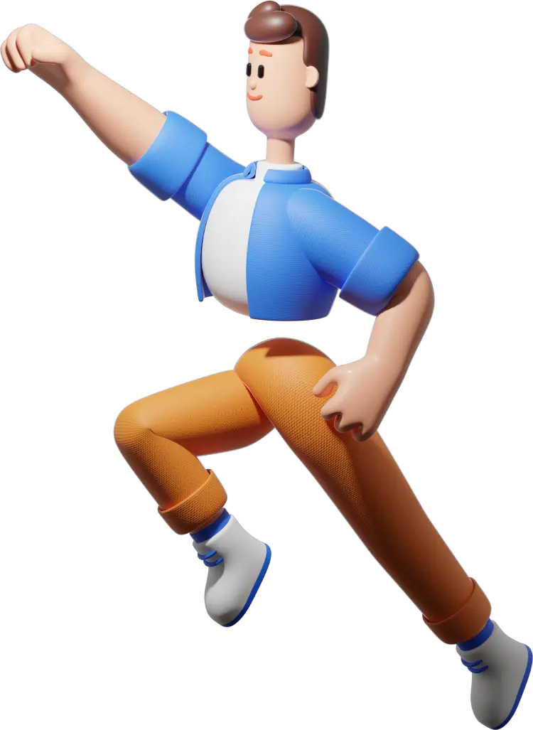 3D-Illustration eines fliegenden Mannes in Superhelden-Pose mit ausgestreckter Faust – Symbol für schnelle Webseiten-Hilfe und tatkräftige Unterstützung.