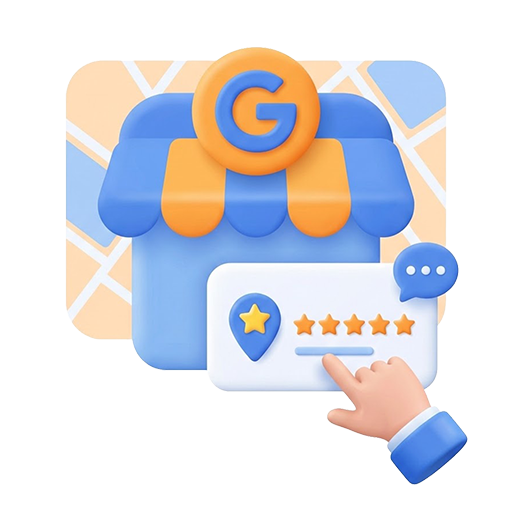 3D-Illustration eines Google Unternehmensprofils: Ein blauer Laden mit Google-Logo auf einer Landkarte, davor eine 5-Sterne-Bewertung, auf die eine Hand zeigt.