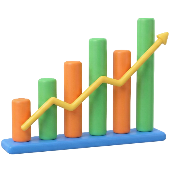 3D-Illustration eines Balkendiagramms mit grünen und orangen Säulen und einem gelben Pfeil, der steil nach oben zeigt – Symbol für Geschäftswachstum.