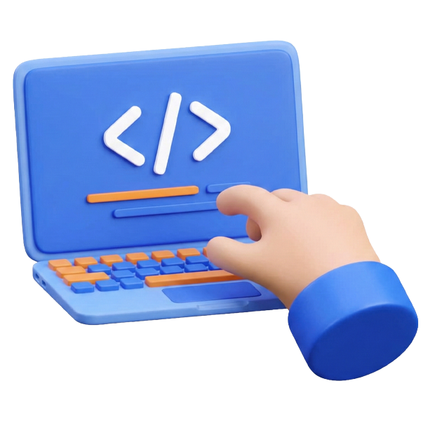 3D-Illustration eines Laptops mit großem Code-Symbol (Brackets) auf dem Bildschirm. Eine Hand tippt auf der Tastatur – Symbol für professionelle Webentwicklung.