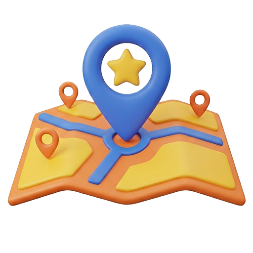 3D-Illustration einer Landkarte mit mehreren Standort-Pins. Ein großer blauer Pin mit einem gelben Stern markiert den besten Standort – Symbol für Top-Rankings im lokalen SEO.