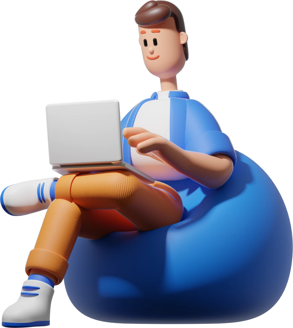3D-Illustration eines Webdesigners, der entspannt auf einem blauen Sitzsack sitzt und eine Webseite auf dem Laptop prüft.
