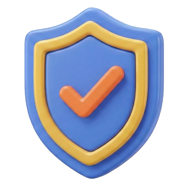 3D-Icon eines blauen Schutzschildes mit goldenem Rand und einem orangen Haken in der Mitte – Symbol für geprüfte Webseiten-Sicherheit.