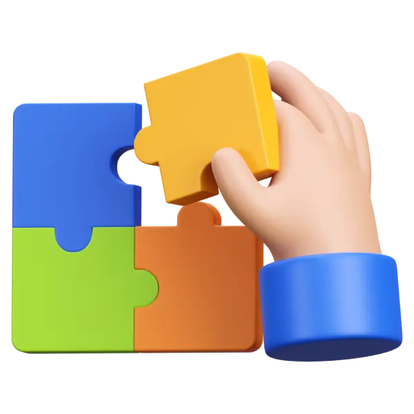 3D-Illustration einer Hand, die das letzte Puzzleteil in ein buntes Puzzle einfügt – Symbol für maßgeschneiderte Web-Strategien.