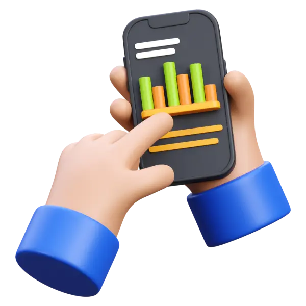 3D-Illustration von Händen, die ein Smartphone halten, auf dem eine positive Statistik mit grünen Balken zu sehen ist.