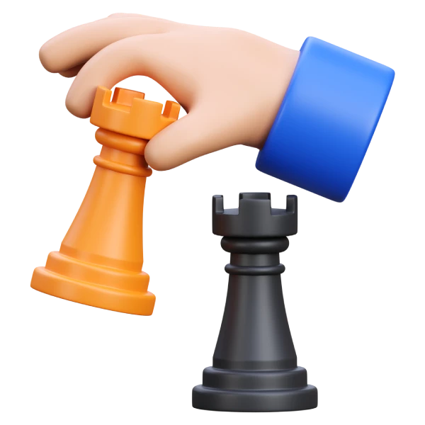 3D-Illustration einer Hand, die eine orange Schachfigur zieht und einen schwarzen Turm schlägt – Symbol für strategisches Online-Marketing und Wettbewerbsvorteile.