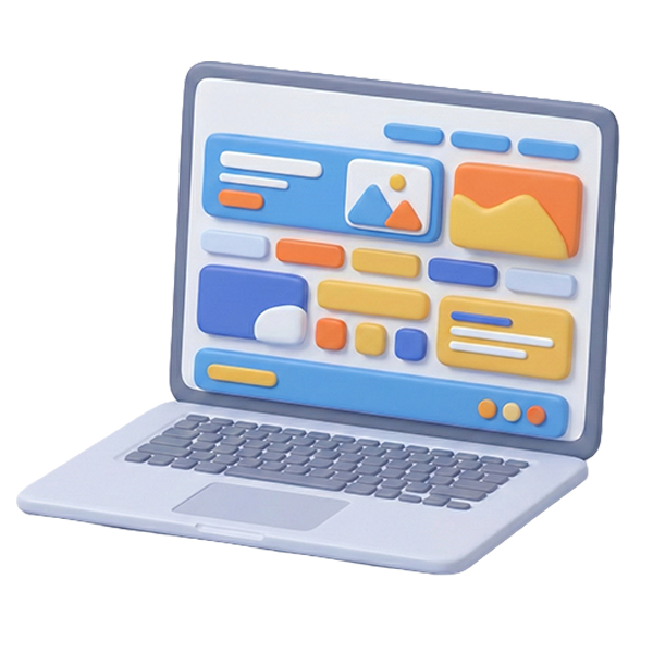 3D-Illustration eines Laptops, der eine strukturierte WordPress-Webseite mit verschiedenen