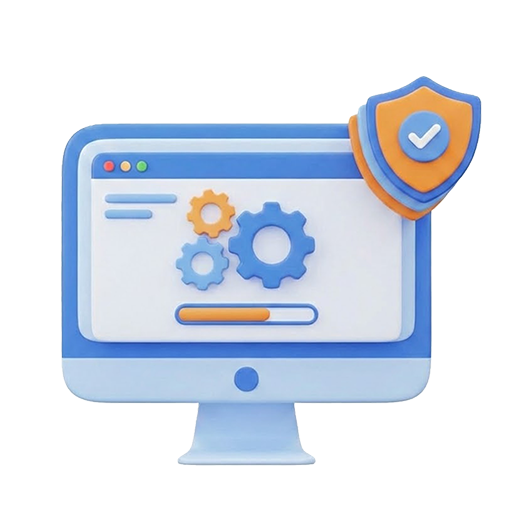 3D-Illustration eines Computers mit Zahnrädern, Ladebalken und einem Sicherheitsschild mit Haken – Symbol für technische Webseiten Wartung und Updates.