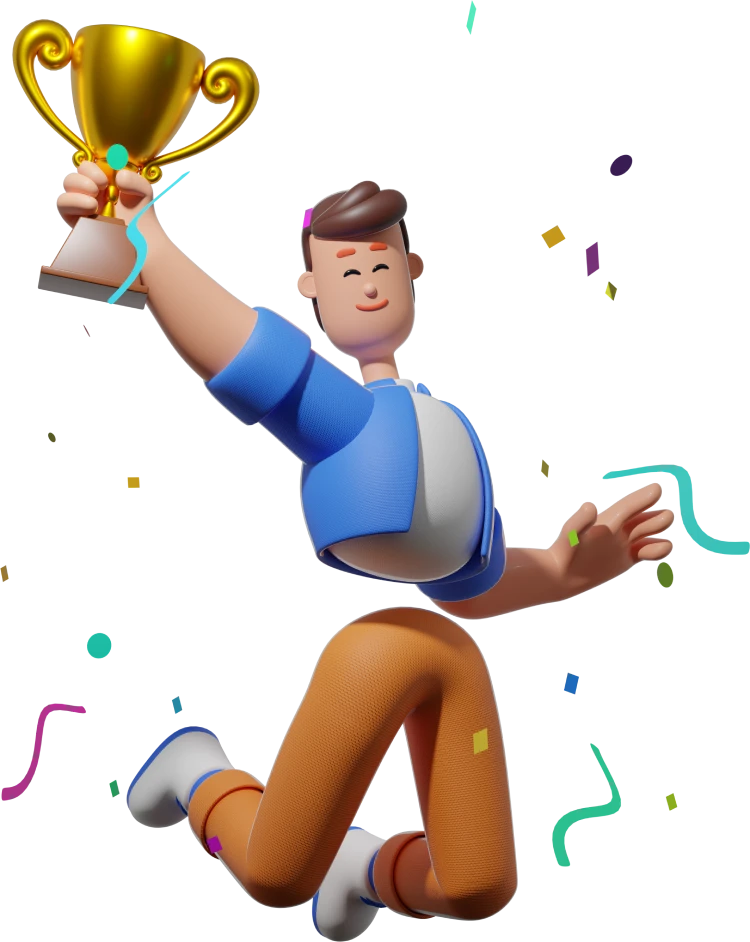 3D-Illustration eines glücklichen Charakters, der mit einem goldenen Pokal und Konfetti in die Luft springt. Symbol für erfolgreiches SEO.