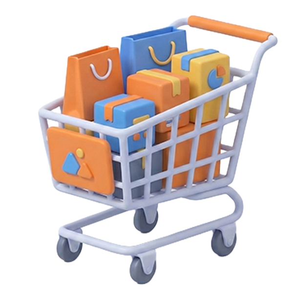 3D-Illustration eines vollen Einkaufswagens mit bunten Paketen und Taschen – Symbol für einen erfolgreichen WooCommerce Online-Shop.